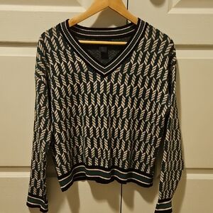 Rachel Roy V-Neck Sweater in Green and Cream
